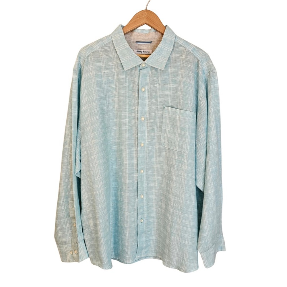 Tommy Bahama Mens XXL 100% Linen Shirt Blue Windowpane Button‎ Front Long Sleeve